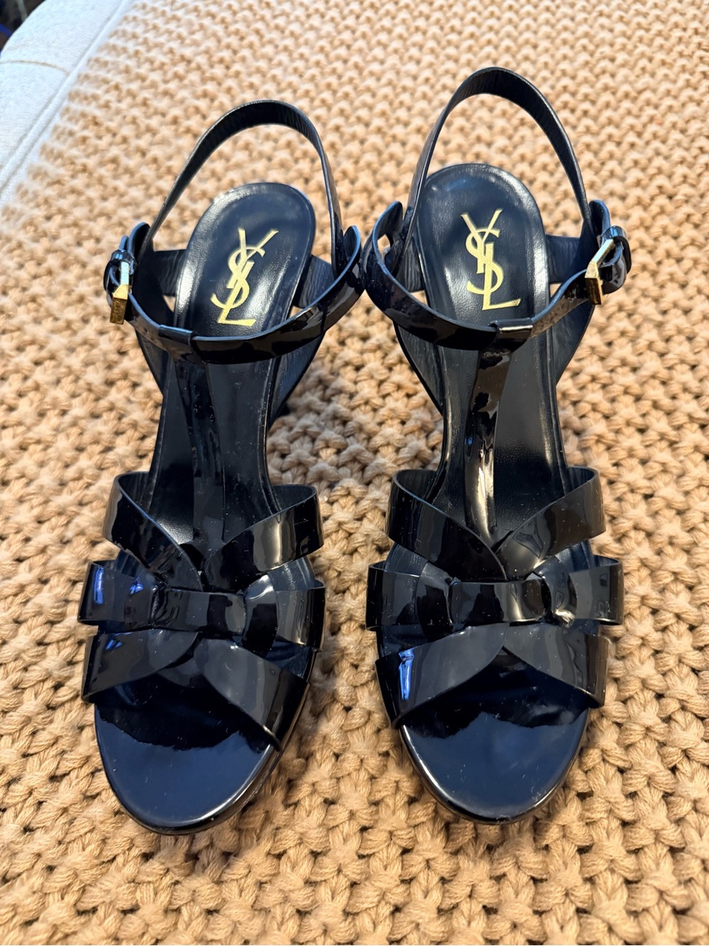Saint Laurent Tribute 100 Black Patent Platform Sandals